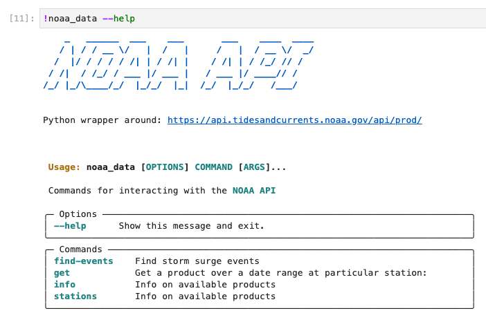 NOAA API CLI provided by the pyadcirc library. The noaa_data executable end point is created whenever pyadcirc is installed as library in an environment, providing a convenient CLI for interacting with the NOAA API that is well documented.